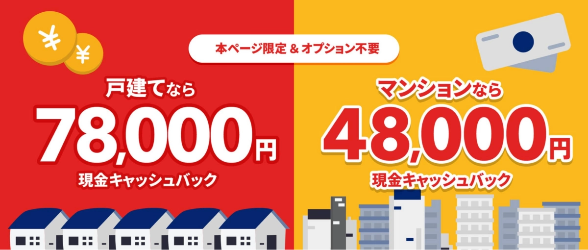 NURO光の公式サイト限定で行われている戸建て7万8000円・マンション4万8000円の現金キャッシュバックキャンペーン画像